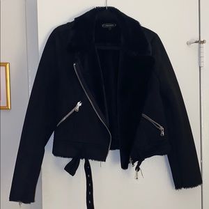 Zara Black Shearling Faux Fur Moto Jacket